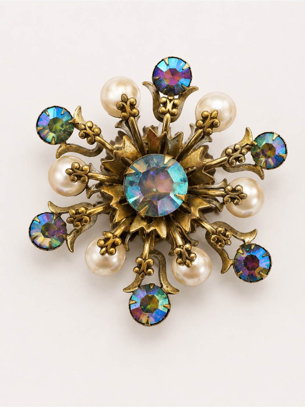 Vintage Aurora Borealis Rhinestone & Faux Pearl Starburst Brooch